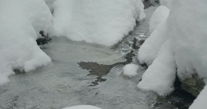 Ruisseau glac&eacute; en hiver dans la neige