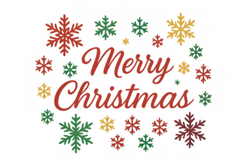 Merry christmas greeting text with decorative red, green, and gold snowflakes on transparent background