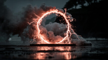 Circular lightning storm over water with dark sky and silhouette trees.