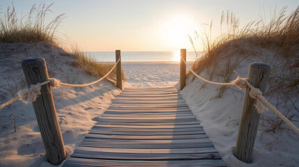 sunrise boardwalk illustration through sand dunes leading to beach with rope railing and tall grasses