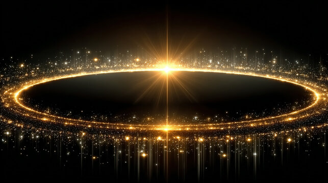 Glowing golden ring with radiant starburst against a dark background. - Powered by Adobe