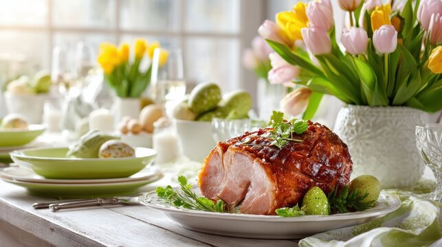 Easter brunch table with glazed ham and festive decor