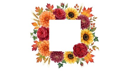 Obraz premium Vibrant autumn watercolor frame featuring sunflowers, dahlias, ranunculus, maple leaves, berries, and warm foliage arranged in a square border, perfect for fall invitations and seasonal designs.