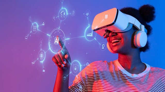 A joyful woman wearing a virtual reality headset interacts with futuristic graphical elements in a colorful setting, showcasing the immersive experience of modern technology. Raster - Powered by Adobe