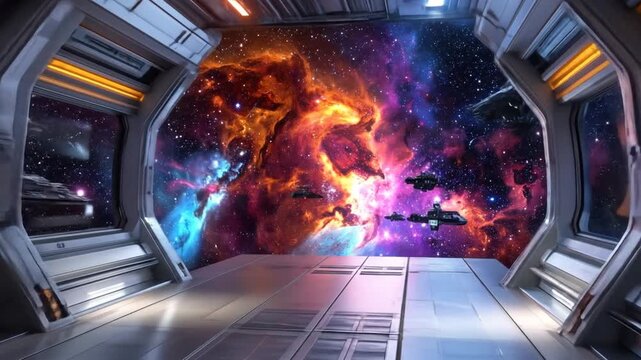 Futuristic Spaceship Corridor with Panoramic View of a Starry Nebula and Spaceships Traveling