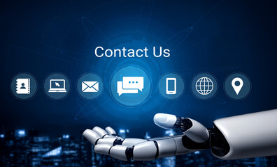 A futuristic robot hand extends towards various contact icons against a dark blue backdrop, illustrating modern digital communication concepts and user engagement through technology. Gantry