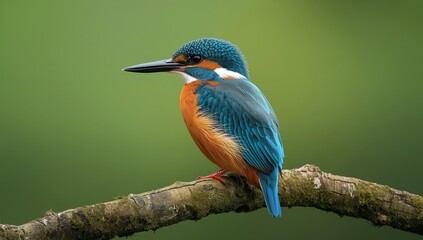 A detailed close-up of a vibrant kingfisher resting on a branch, captured with sharp focus against a soft, blurred green background