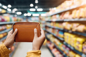 Empty wallet held in hands while checking items in supermarket aisle, financial stress and budgeting concept, blurred grocery store background