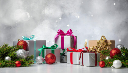 鮮やかな銀の背景。クリスマスプレゼント。ギフトイメージ。Bright silver background. Christmas present. Gift image.