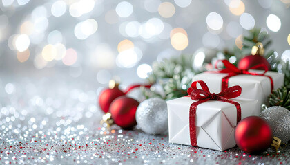 鮮やかな銀の背景。クリスマスプレゼント。ギフトイメージ。Bright silver background. Christmas present. Gift image.