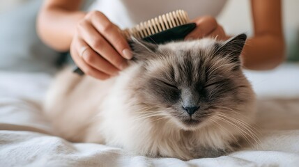 Gentle Hands Brushing a Fluffy Long-Haired Cat on a Bed in a Soft, Tranquil Moment