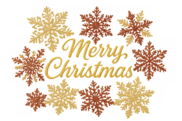 Merry christmas golden lettering with glittering snowflakes, creating a festive holiday greeting on transparent background