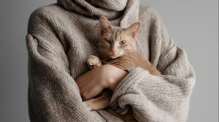 Close-up of a Person Cuddling a Ginger Cat in a Warm, Oversized Knitted Sweater