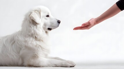 Majestic White Dog Responding to a Hand Command During Training Session on a Clean Backdrop