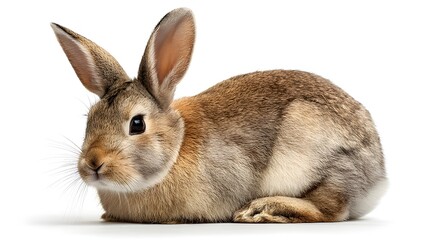 Fluffy Brown Rabbit Sitting Calmly with Upright Ears on a Clean White Background