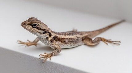 Detailed Close-up of a Small, Striped Juvenile Lizard Resting Calmly on a Clean, Bright White and Smooth Horizontal Surface in an Indoor Environment.