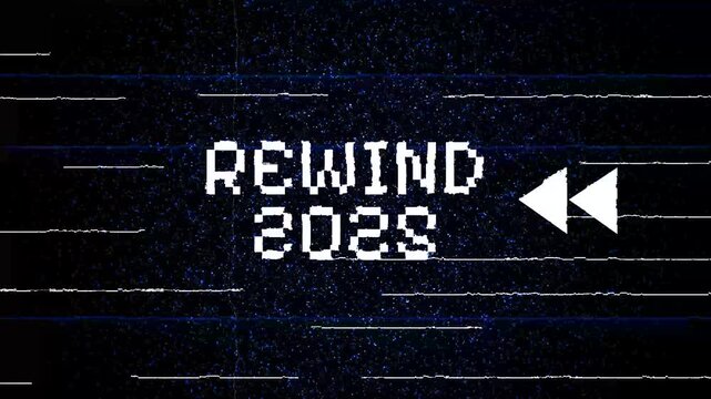 Rewind 2025 glitchy symbols illustrating past disruptions in a distorted title, suitable for showcasing techthemed design projects and presentations.