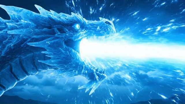 A majestic flying ice dragon breathing intense blue fire amidst a stormy, lightning-filled sky; a dynamic fantasy illustration captured in profile.