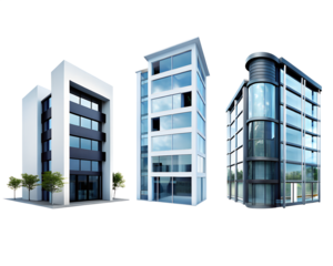 Futuristic city mall. Architectural high rise shopping center or office building, big building on transparent background. 3d rendering Public building.