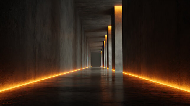 Long dark concrete tunnel corridor with warm orange strip lighting along the floor and vertical accents, creating a futuristic perspective