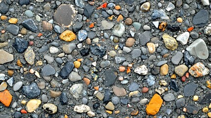 Macro view of varied small stones and gravel with smooth and rough textures, ideal for construction backgrounds, urban design, and natural environment visuals.