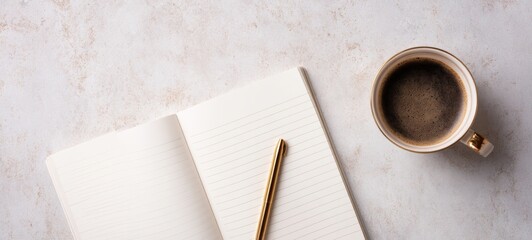 Flat lay desk scene with open notebook, coffee cup, and golden pen on a clean minimal background with soft daylight and ample empty space for headline text