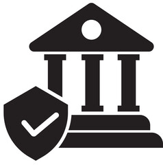 Secure Institution: A minimalist icon depicting a robust institutional building, safeguarded by a shield featuring a bold checkmark, symbolizing safety and trust.