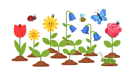 A whimsical illustration of colorful flowers, insects and a butterfly, with smiling and smiling bees