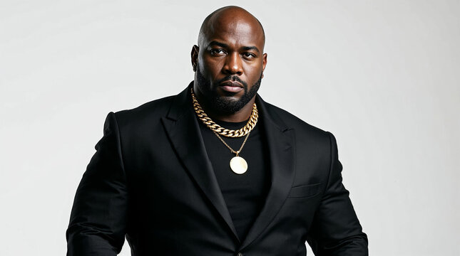 Commanding high-end portrait of a powerful bodyguard in pure white studio.