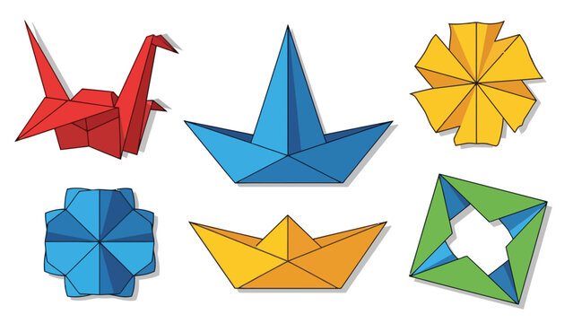 Colorful origami pieces including a bird, boats, flowers, and geometric shapes