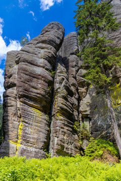 Adrspach Teplice Skaly Rocks natural rock formation towers in Czech Republic. Beautiful towering sandstone rock formations among the forest. Adrspach and Teplice rocks natural park landscape