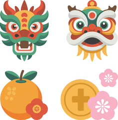 Naklejka premium Flat lay illustration of Chinese New Year symbols including dragon heads, an orange, coin, and flowers on a white background with vibrant colors.