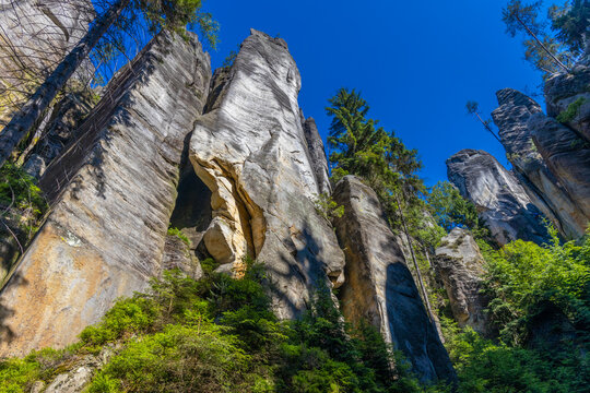 Adrspach Teplice Skaly Rocks natural rock formation towers in Czech Republic. Beautiful towering sandstone rock formations among the forest. Adrspach and Teplice rocks natural park landscape