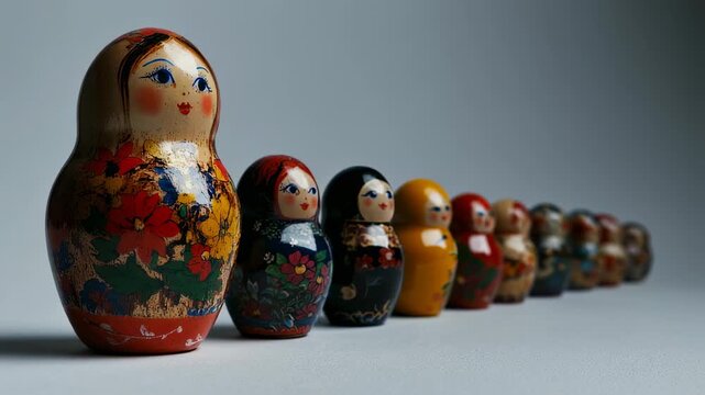 Artistic Russian Matryoshka Dolls Arrayed in an Elegant Lineup on a Light Background