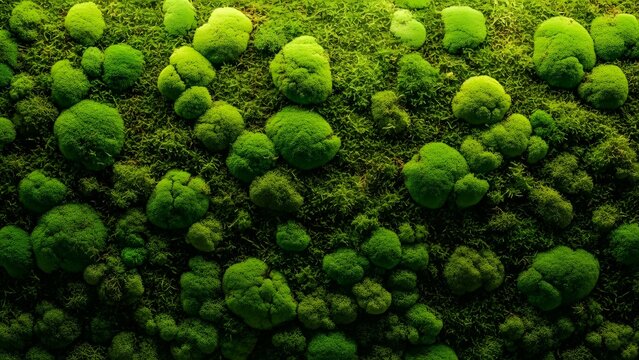 Vibrant Green Moss Clumps Texture. Organic natural pattern of lush bryophytes, close-up botanical detail.