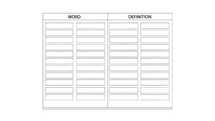 A simple vocabulary chart with word and definition columns. Both sections feature blank space for text input
