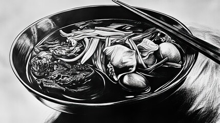 A black and white artistic rendering of a bowl of noodle soup