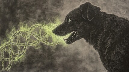 A black dog with a glowing DNA strand