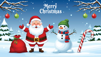 Festive christmas scene with santa claus and snowman friends