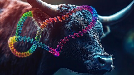 A cow with a vibrant DNA strand