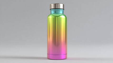 Vibrant colorful metallic water bottle with a rainbow gradient finish isolated on a light grey background, ideal for sports or fitness products