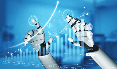 A pair of robotic hands engages with floating digital graphs and data points, showcasing the integration of technology and finance in a modern setting. Scalp