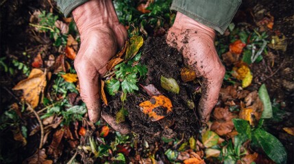View of hands mixing vibrant leaf mold compost with garden soil emphasizing sustainable and ecofriendly organic gardening practices.
