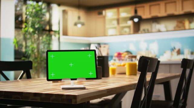 Chroma key display on tablet placed on dining table in rustic empty kitchen, cozy space filled with utensils, cooking essentials, kitchenware and stylish luxury appliances.