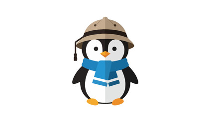 Fototapeta premium A cartoon penguin with a safari hat and a blue scarf stands on a white background