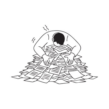 Overwhelmed person buried under a large pile of documents paper stack