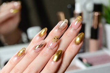 Elegant Gold Nail Art Manicure: Trendy Acrylic Designs with a Shiny Finish and Salon-Quality Beauty Accessories