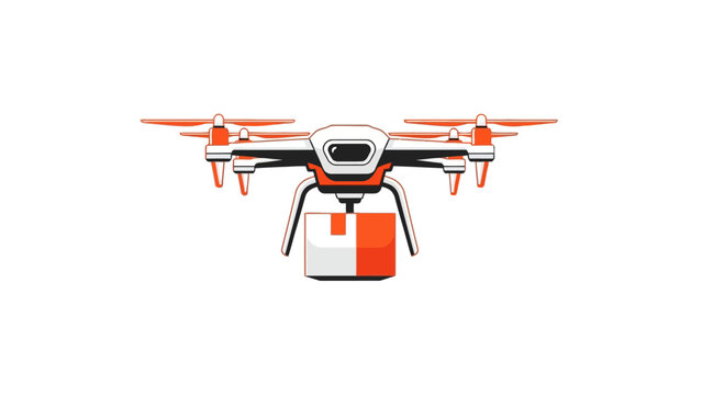A digitally rendered, isolated illustration of a drone delivering a package. Clean, modern design