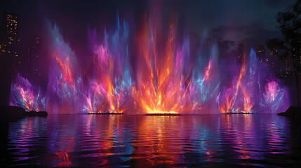 Colorful water fountain display illuminated at night on a city water body.