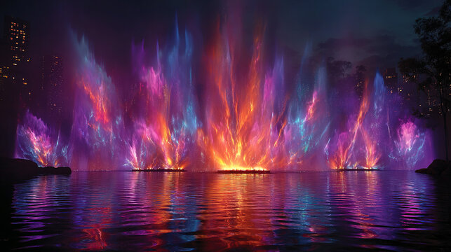 Colorful water fountain display illuminated at night on a city water body.